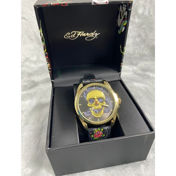 Ed Hardy Other - Ed Hardy 3D Skull & Snake Dial Watch Unisex 40mm Gold Black Purple 50451G-42-A01